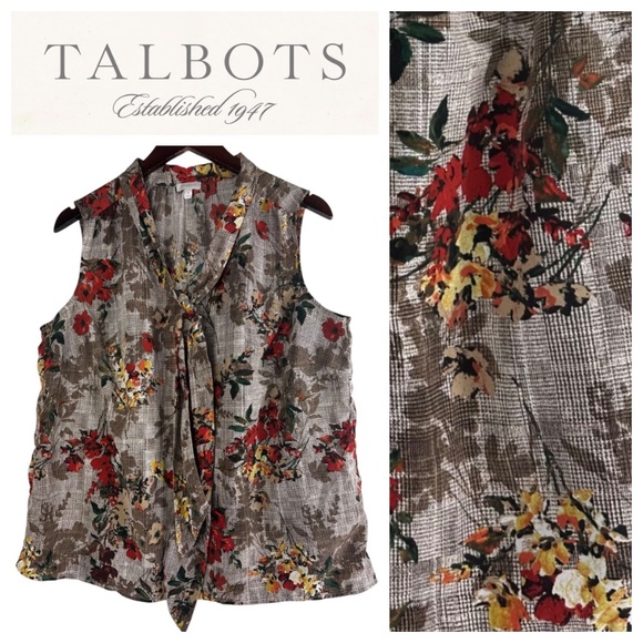 Talbots Sz 1X 16 18 Shirt Top Blouse Floral Bow Tie Front Silky Brown Slvlss - Picture 1 of 4